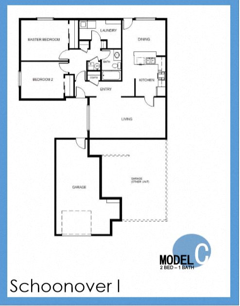 Floor plan for 2 beds, 1 bath, 977 sqft